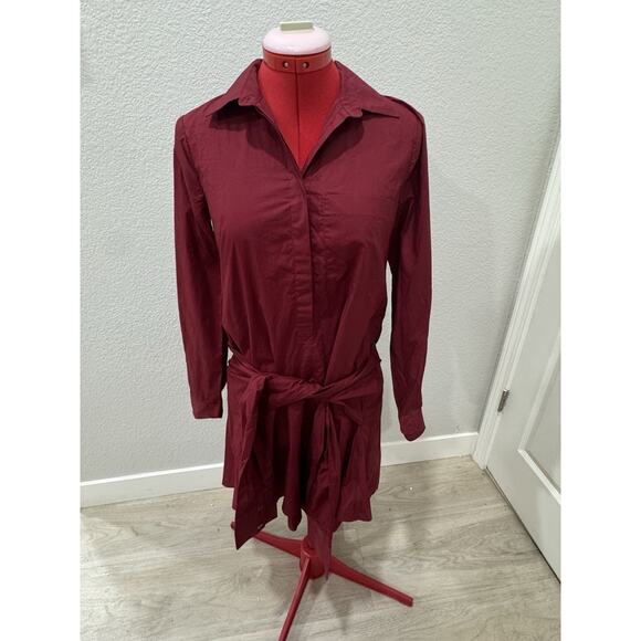 DEREK LAM 10 CROSBY Burgendy shirtdress Dress NWOT cotton front tie Size 2 - Picture 2 of 8